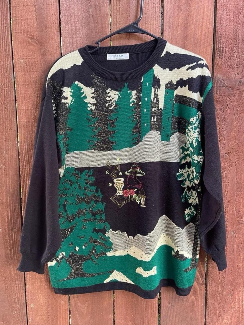 Vintage 90s Nature Knit Sweater Scenic Novelty Forest Pullover Sz L